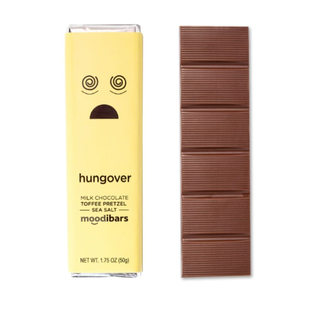 Moodibars - hungover - Toffee Pretzel Sea Salt Milk Chocolate Bar 1.5oz