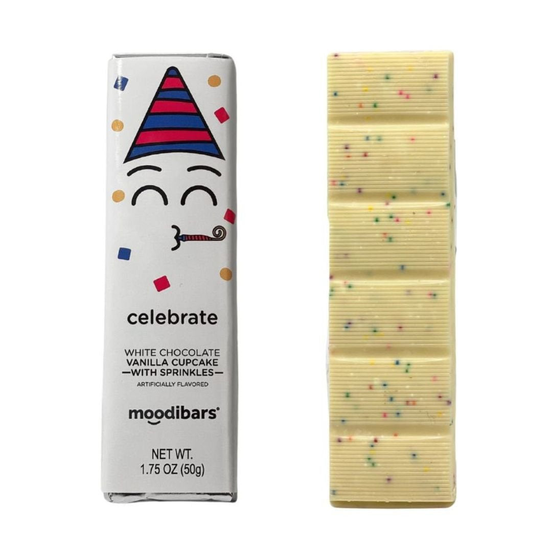 Moodibars - celebrate - White Confection Vanilla Cupcake with Sprinkles Bar 1.75oz